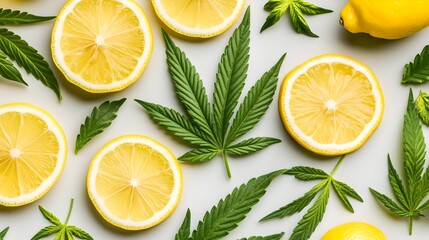 Lemon & cannabis leaf flatlay; vibrant yellow citrus slices & green foliage arranged on light gray background