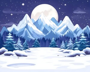 Majestic snow-capped mountains under a full moon, serene winter night scene