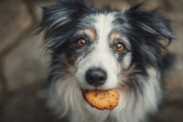 Adorable Border Collie Portrait Holding Cookie in Mouth Close-up Looking up with Intense Eyes and Fur Details