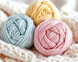 Pastel yarn balls nestled on a cream knit fabric