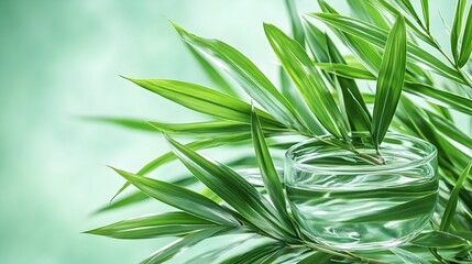 Fototapeta premium Lush green leaves surrounding a glass of clear water, suggesting natural purity and freshness