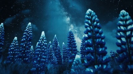 Fototapeta premium A mesmerizing night scene of vibrant blue flowers under a starry sky.