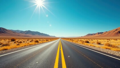 Fototapeta premium Yellow line splits sun-baked road, heat waves dance, blue sky awaits beyond the horizon, open road adventure, driving, sunny, blue