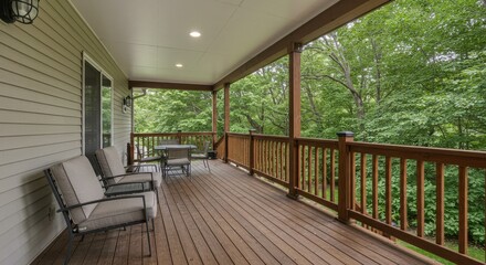 Covered deck with furniture overlooking lush greenery