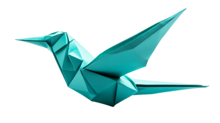 Aqua origami bird in flight, handmade paper figure, cut out transparent