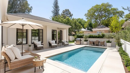 Tranquil backyard oasis featuring a rectangular pool, patio furniture, and lush greenery