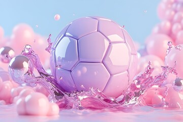 Pastel pink soccer ball splashing in liquid