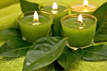 Green candles on leaves, spa theme