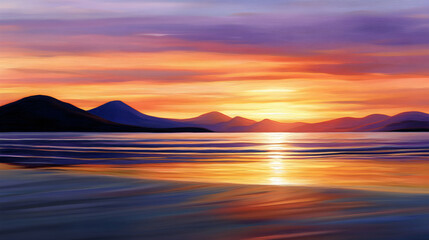 Serene Sunset Over Ocean Horizon with Silhouetted Mountains and Reflective Waters