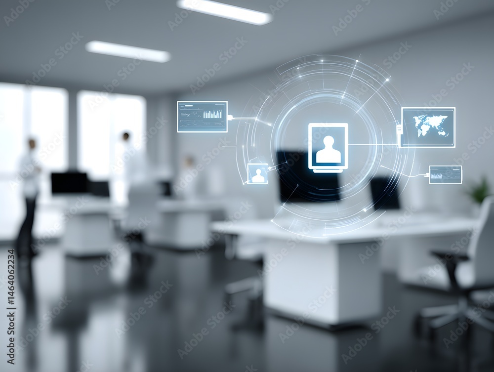 Poster a high-tech cyberpunk office with an open layout and neon lighting, featuring blurred workers and di