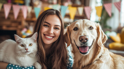 close up portrait of woman with her cat and dog at party
