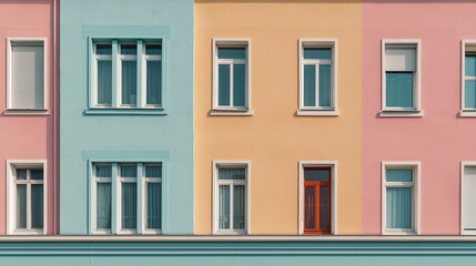 Fototapeta premium Pastel facade with simple details, a clean urban backdrop. Minimalist charm in soft daylight.