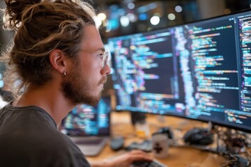 Focused programmer with beard views code lines on a screen, working on a software project, wearing glasses at workplace