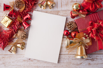 Christmas card mockup with red and gold ornaments