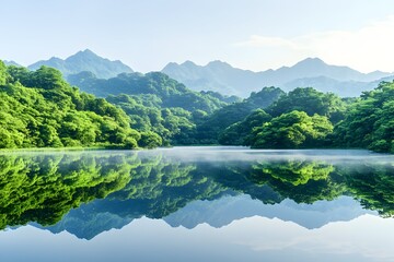 Serene mountain lake reflecting lush greenery under a hazy sky