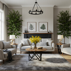 Realistic Living Room Illustration With Furniture Plants and Cozy Design