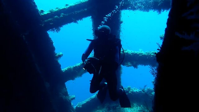 Divers swimming inside a wreck