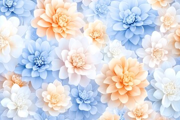 Pastel paper flowers in blue, peach, and white