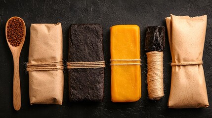 Flat Lay of Beeswax Food Wraps Kit with Jute Rope and Linen Seeds