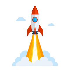 Cartoon rocket flying through outer space sky