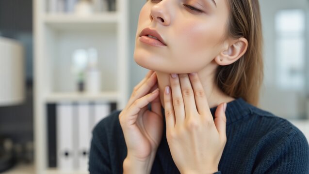 A young woman, possibly with a sore throat, touches her neck in an office - Powered by Adobe
