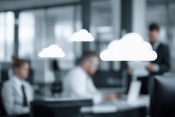 futuristic office environment showcasing cloud technology and data management