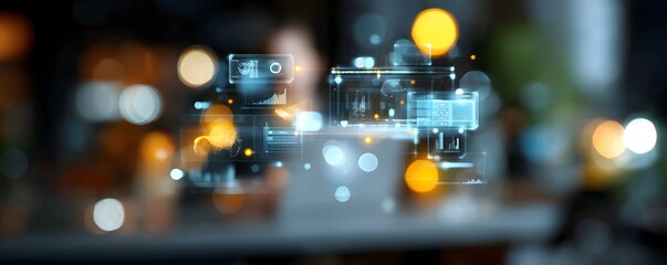 In a futuristic neon office with a spacious design, blurred professionals engage in tasks amidst holographic financial data overlays, illustrating a modern corporate strategy for finance.