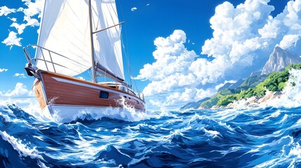 A sailboat glides across a vibrant ocean,  under a bright sunny sky towards a tropical island