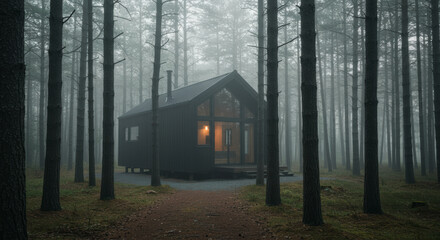 Modern wooden cabin immersed in a tranquil pine forest unveils a serene eco-tourism escape
