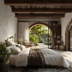Serene Mediterranean Bedroom with Garden View Rustic Farmhouse Decor Linen Bedding and Archway