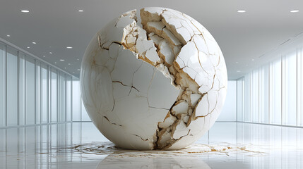 A large cracked white globe resembling fractured porcelain sits in a pristine hallway, evoking fragility and global tension.