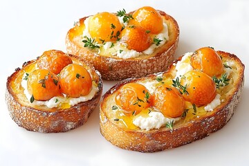 Toasted bread topped with creamy cheese, glistening yellow fruit, and fresh herbs, drizzled with honey