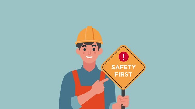 animation worker holding safety first sign. animated contractor wearing safety helm and safety first sign 