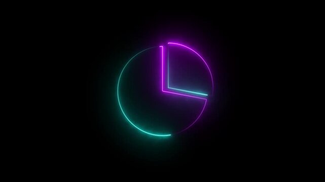 glowing neon line pie chart animated icon over black background