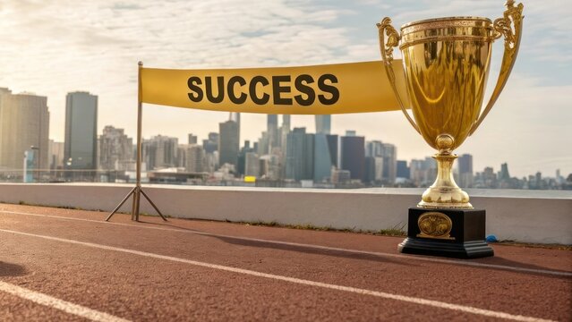 Reaching the finish line of success with trophy and cityscape background