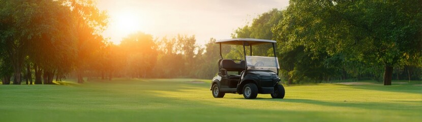 Fototapeta premium Peaceful Golf Course at Sunrise with Golf Cart on Green Fairway