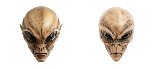 Grey Alien Face Close Up, Two Perspectives, Isolated, cut out transparent