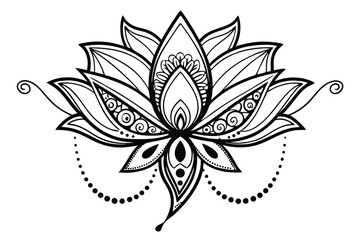 85 Intricate lotus mandala, black and white line art, symmetrical design, detailed petals, ornate patterns, dotted embellishments, zentangle style, spiritual symbol, sacred geometry, delicate floral m