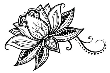 85 Intricate lotus mandala, black and white line art, symmetrical design, detailed petals, ornate patterns, dotted embellishments, zentangle style, spiritual symbol, sacred geometry, delicate floral m