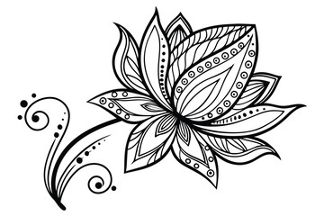 85 Intricate lotus mandala, black and white line art, symmetrical design, detailed petals, ornate patterns, dotted embellishments, zentangle style, spiritual symbol, sacred geometry, delicate floral m