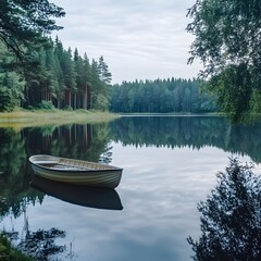 Serene Rowboat on Calm Lake Surrounded by Lush Green Forest Reflection