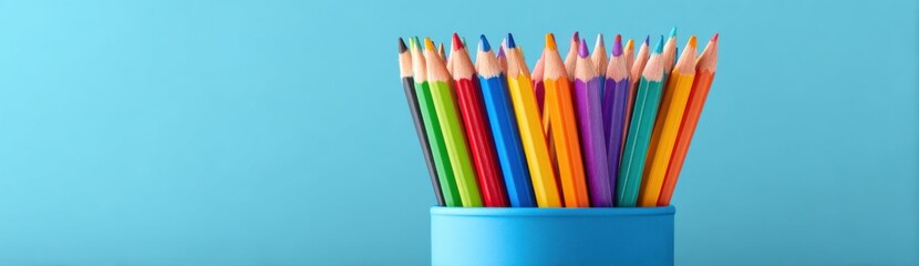 Fototapeta premium Colorful Pencils in a Blue Holder on a Bright Blue Background