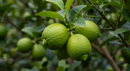 Realistic Photo Of Vibrant Green Limes On Branch Against Green Background