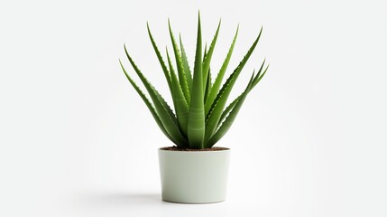 A single aloe vera plant with sharp green leaves, isolated against a pure white background
