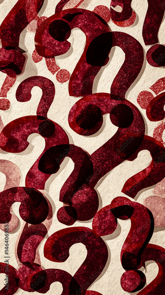 Poster Overlapping maroon question marks on beige textured background, creating abstract, inquisitive design, ideal for uncertainty or query concepts