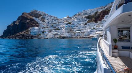 A luxurious yacht sails gracefully along the cerulean waters, providing a breathtaking view of the pristine white buildings, embraced by a vibrant blue sky.