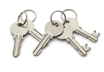 Bunch of silver keys on keyring isolated on white background, close-up