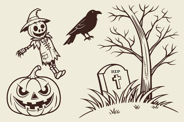86 Halloween sketches, spooky illustrations, pencil drawings, jack-o'-lantern scarecrow, zombie hand emerging from ground, black raven, tombstone with RIP, gothic art style, dark and eerie, Halloween 