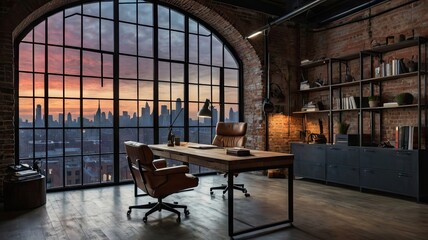 Modern Industrial Loft Office with Panoramic City Skyline View at Sunset
