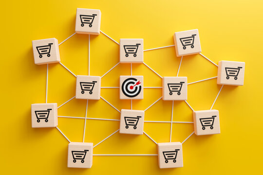 Wooden cubes with market icon linked to tarket icon each other with lines on yellow background. blockchain and business success concept. 3d render
